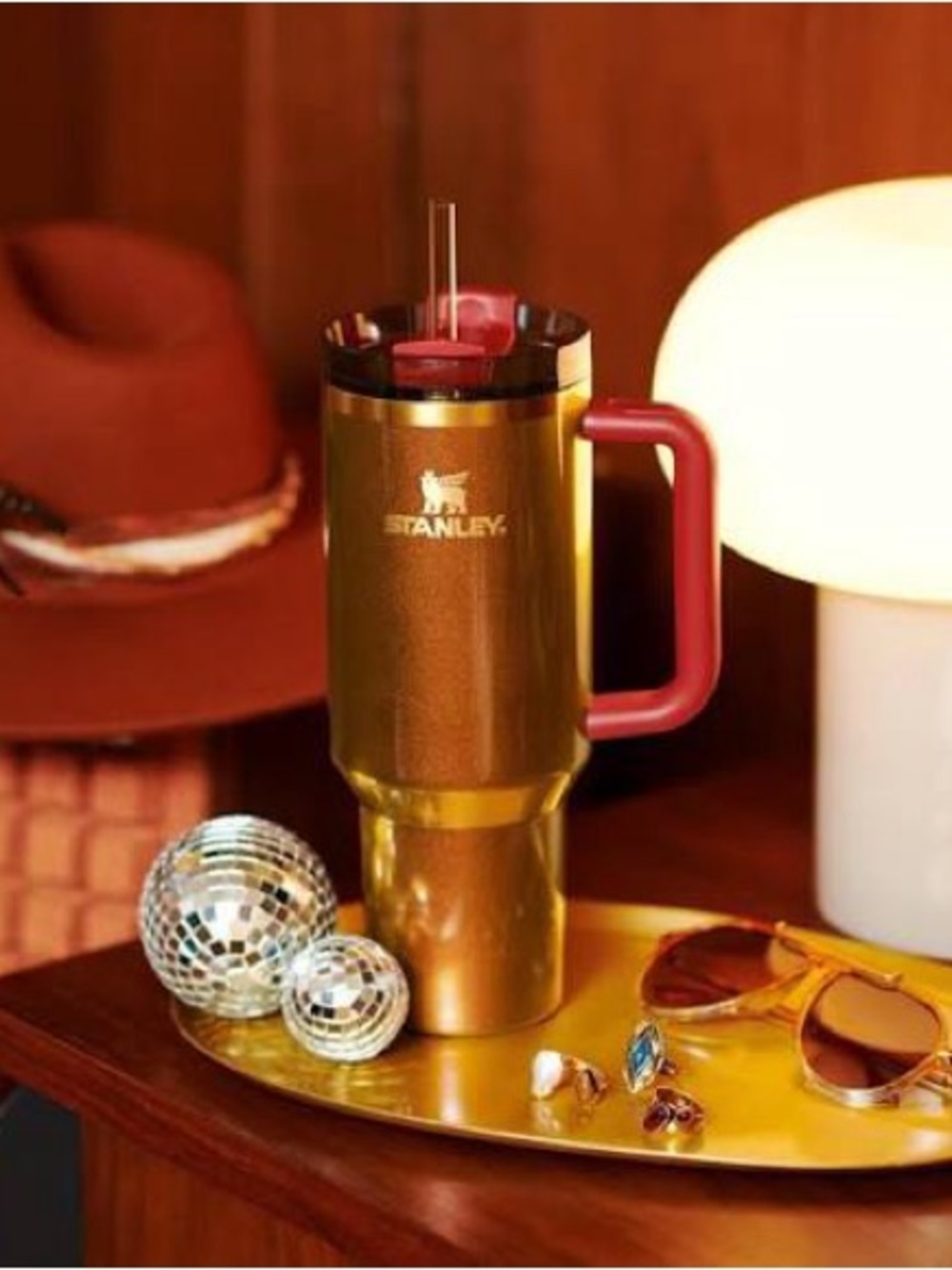 Lainey Wilson Stanley  Country Gold Travel Mug with Red Handle and Lid Accent